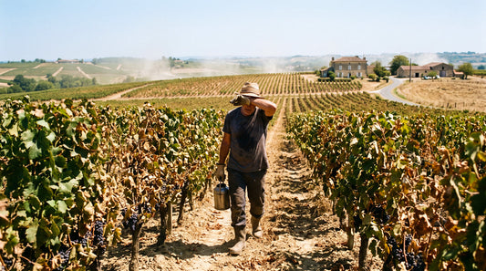 Winzer wischt sich bei großer Hitze den Schweiß von der Stirn, während er mit einer Metallkanne durch ausgetrocknete Weinreben im Bordelais geht – Symbolbild zur Hitzewelle im Bordeaux Jahrgang 2026
