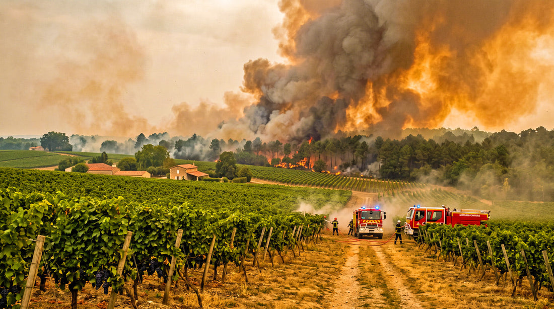 Bordeaux Waldbrände Jahrgang 2026: Symbolbild von Feuerwehrleuten bei Löscharbeiten nahe Weinbergen, im Hintergrund Rauch und Flammen