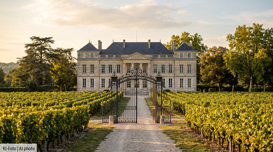 Historisches Bordeaux-Château mit geöffnetem Eingangstor und Weinbergen – Symbolbild für Besitzerwechsel 2026