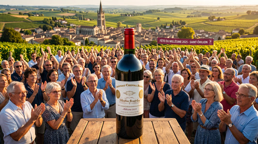 Menschenmenge applaudiert hinter einer Weinflasche von Château Cheval Blanc 2025 vor einer Weinberglandschaft mit Kirchturm im Hintergrund.