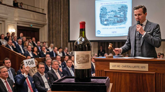 Magnum-Flasche Chateau Lafite 1870 auf Podest vor Auktionator und Publikum bei Sotheby's-Auktion
