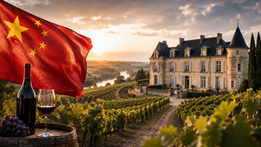 Chinesische Flagge vor einem Bordeaux-Château mit Weinbergen, Symbolbild für chinesische Investoren in Bordeaux