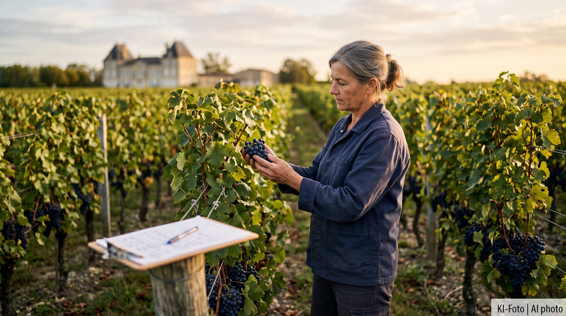 Winzerin prüft reife Trauben am frühen Morgen in einem Bordeaux-Weinberg, im Hintergrund ein Château – zur offiziellen CIVB-Bestätigung der frühen Weinlese 2026