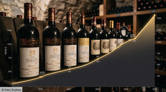 Ansteigendes Liv-ex-Kursdiagramm mit klassifizierten Bordeaux-Weinflaschen im Hintergrund – Symbolbild für die Wertentwicklung 2026