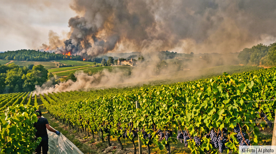 Winzer deckt Weintrauben ab, im Hintergrund Waldbrand und Rauch über einem Bordeaux-Weinberg – Symbolbild zu Smoke Taint 2026