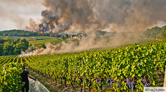 Winzer deckt Weintrauben ab, im Hintergrund Waldbrand und Rauch über einem Bordeaux-Weinberg – Symbolbild zu Smoke Taint 2026