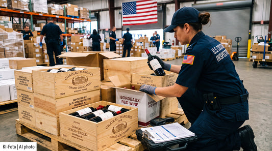 US-Zollinspektorin kontrolliert Kisten von Château Margaux und Lynch-Bages im Lager – Symbolbild zu US-Zöllen auf Bordeaux-Wein