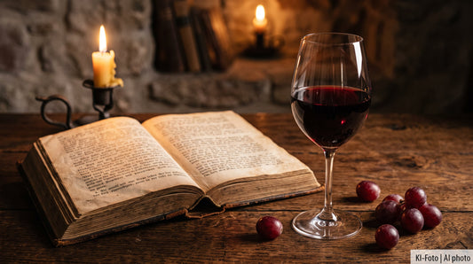 Aufgeschlagene alte Bibel mit Frakturschrift neben einem Glas Rotwein, Kerzenlicht und Weintrauben auf rustikalem Holztisch – Symbolbild für Wein in der Bibel