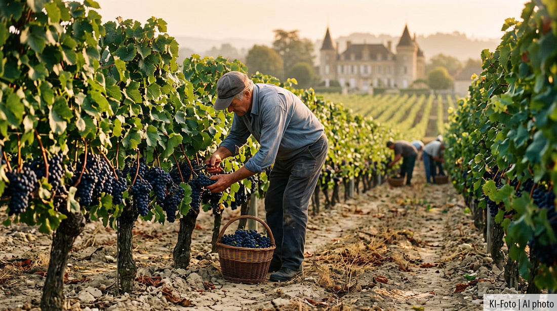 Winzer bei der Handlese dunkler Trauben in einem Bordeaux-Weinberg, im Hintergrund ein Château – frühe Weinlese 2026