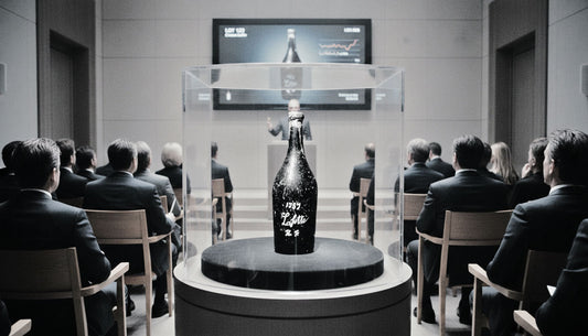 Flasche Chateau Lafite 1787 in einer gläsernen Vitrine vor einem Publikum bei einer Auktion in einem modernen Saal