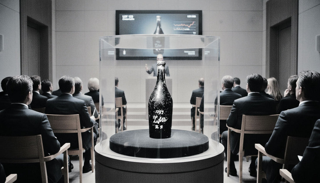Flasche Chateau Lafite 1787 in einer gläsernen Vitrine vor einem Publikum bei einer Auktion in einem modernen Saal