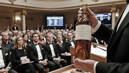 Person in schwarzem Anzug hält eine Flasche Château d'Yquem 1908 bei einer Weinauktion vor Publikum in formeller Kleidung.