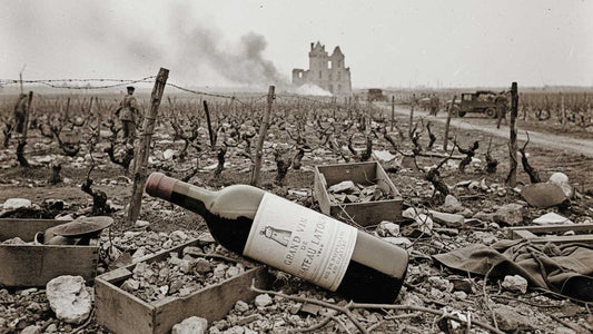 Flasche Château Latour 1944 liegt schräg in einem Weinkistenstapel auf steinigem Boden eines Weinbergs, im Hintergrund ein zerstörtes Schloss und Soldaten mit Militärfahrzeugen.