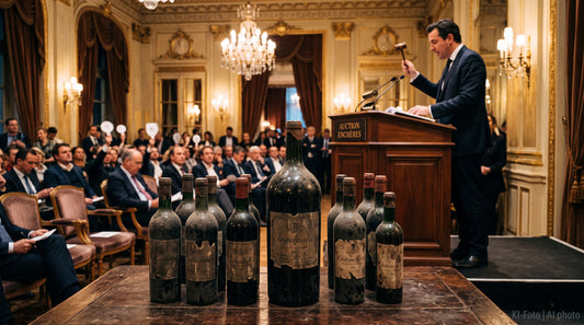 Symbolbild: Château Haut-Brion Auktion bei Sotheby's Paris – Auktionssaal mit Bordeaux-Großflaschen