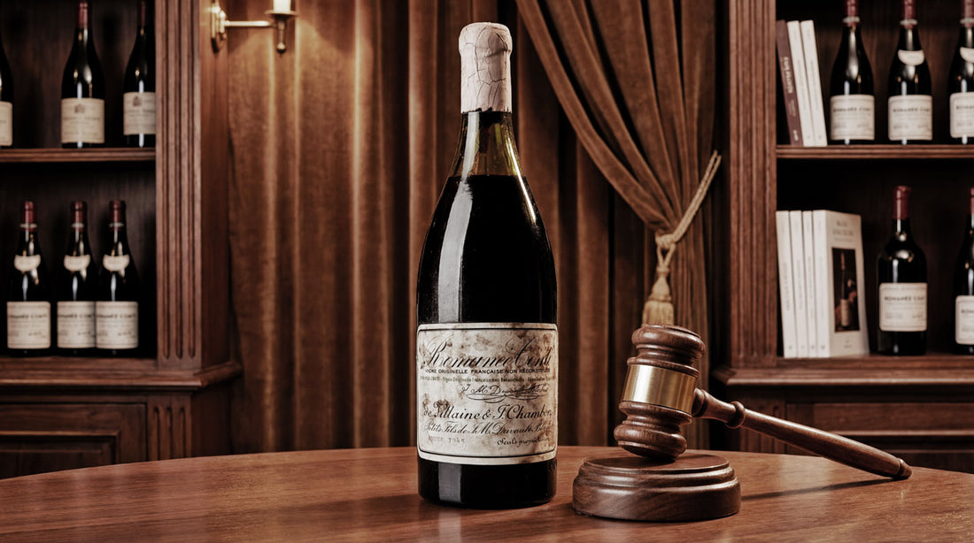 Teure Flasche Romanee Conti 1945 auf einem Holztisch neben einem Auktionshammer vor einem Regal mit Weinflaschen und Büchern.