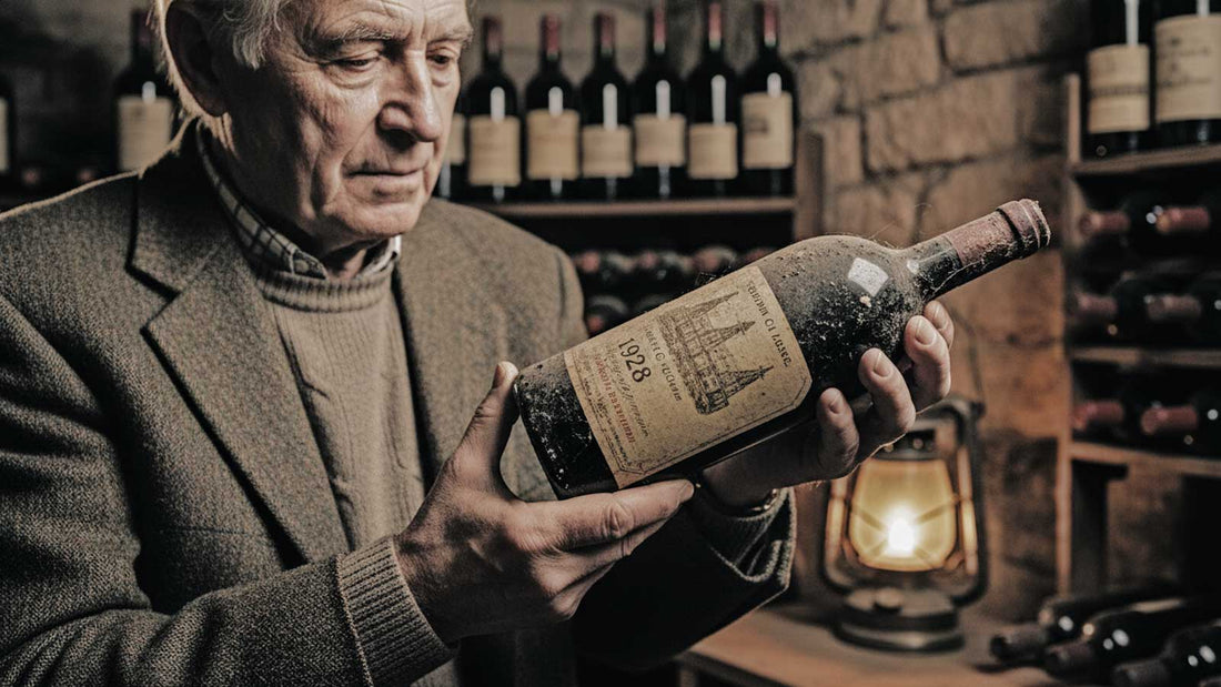 Mann hält eine alte Bordeaux-Weinflasche mit Etikett von 1928 in einem Weinkeller mit Steinmauern und Weinregalen.