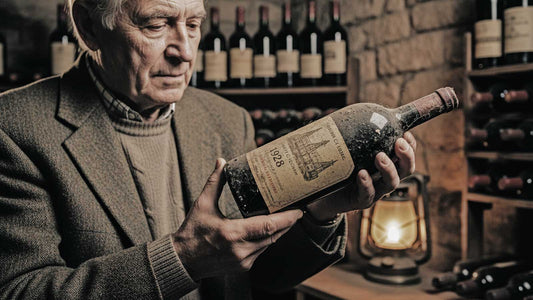 Mann hält eine alte Bordeaux-Weinflasche mit Etikett von 1928 in einem Weinkeller mit Steinmauern und Weinregalen.