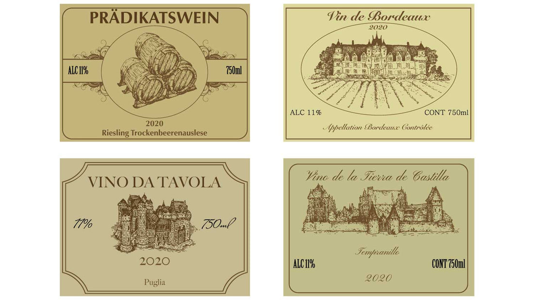 Verschiedene Weinetiketten von Wein mit unterschiedlichen Qualitätsstufen