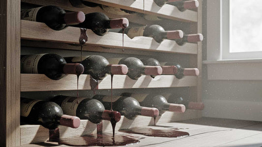 Mehrere Weinflaschen liegen horizontal in einem Holzregal, aus einigen läuft Wein aus, der sich auf der Ablage darunter sammelt.