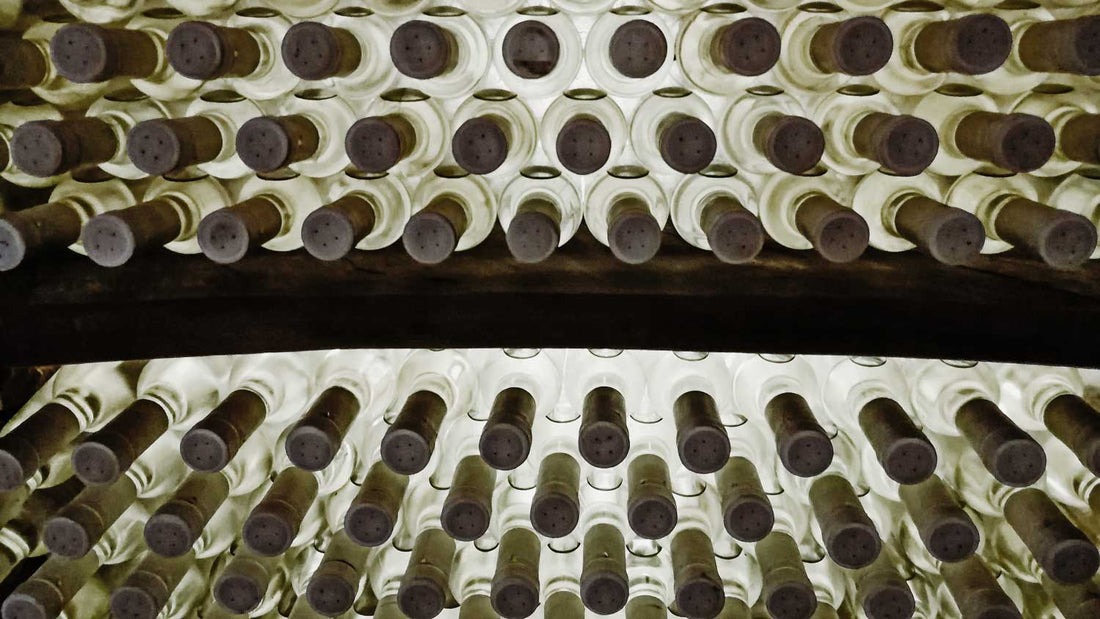 Viele Flaschen Weißwein liegen im Weinregal übereinander