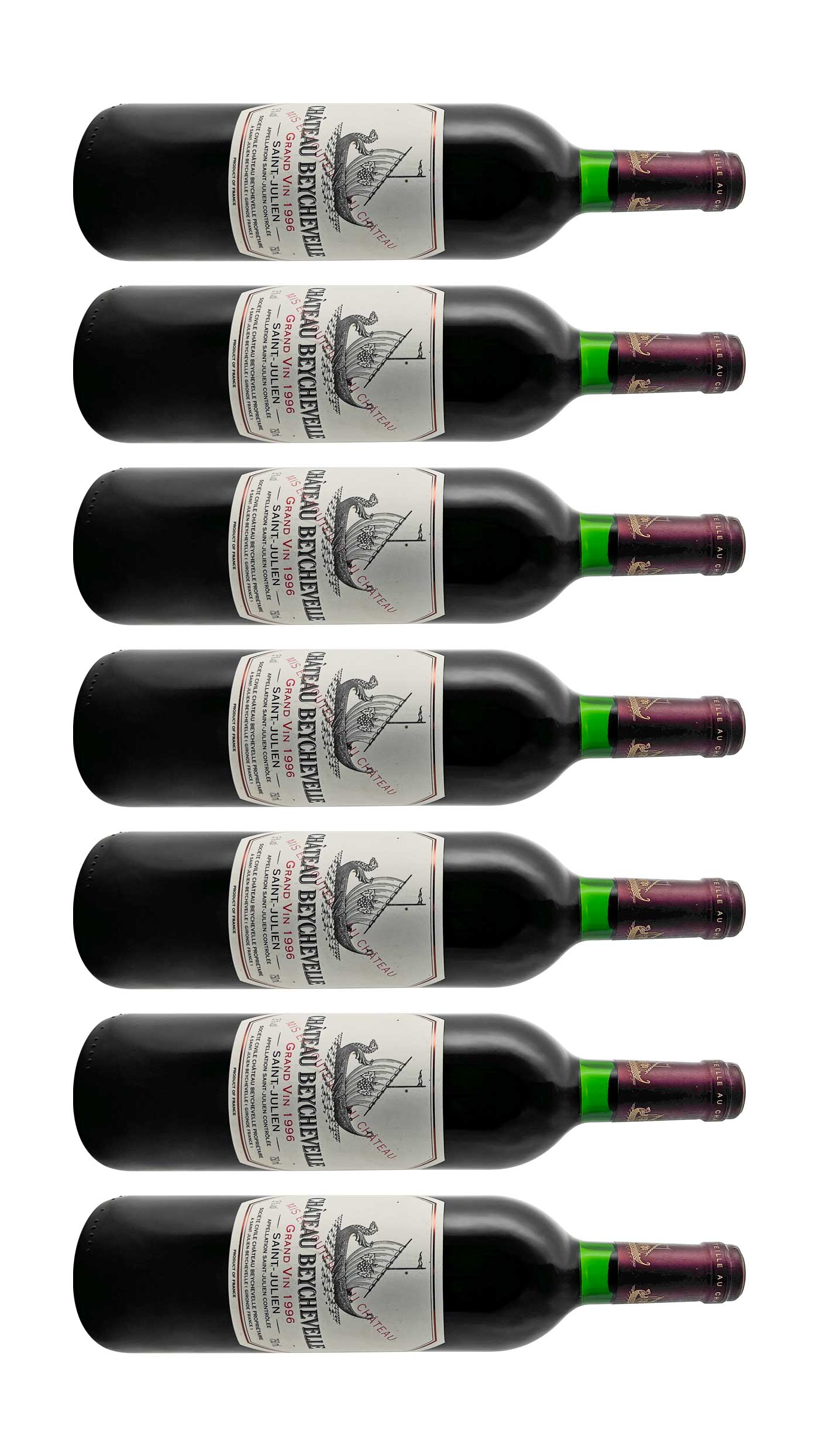 Mehrere Weinflaschen mit Rotwein von Chateau Beychevelle