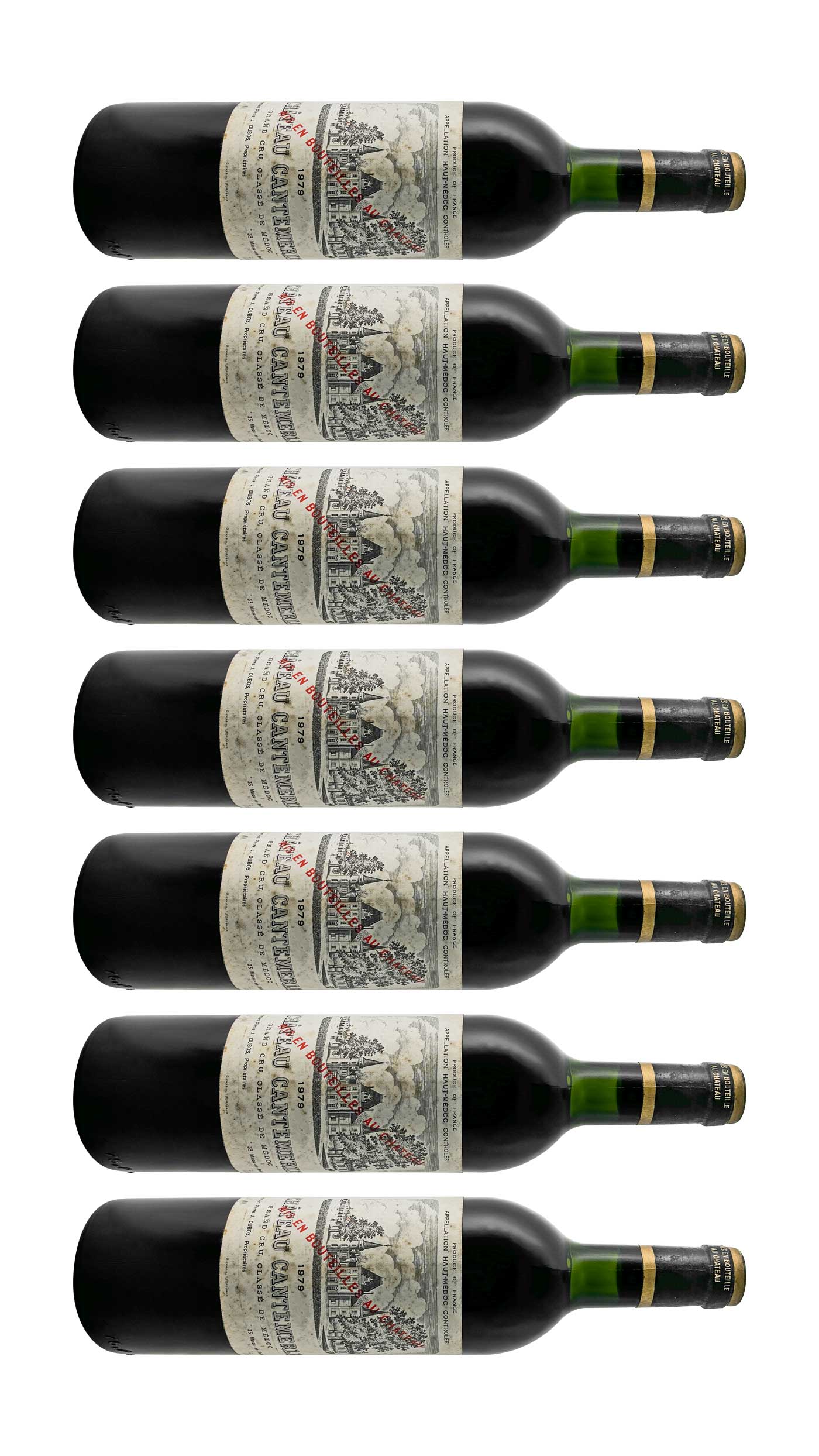 Mehrere Weinflaschen mit Rotwein von Chateau Cantemerle
