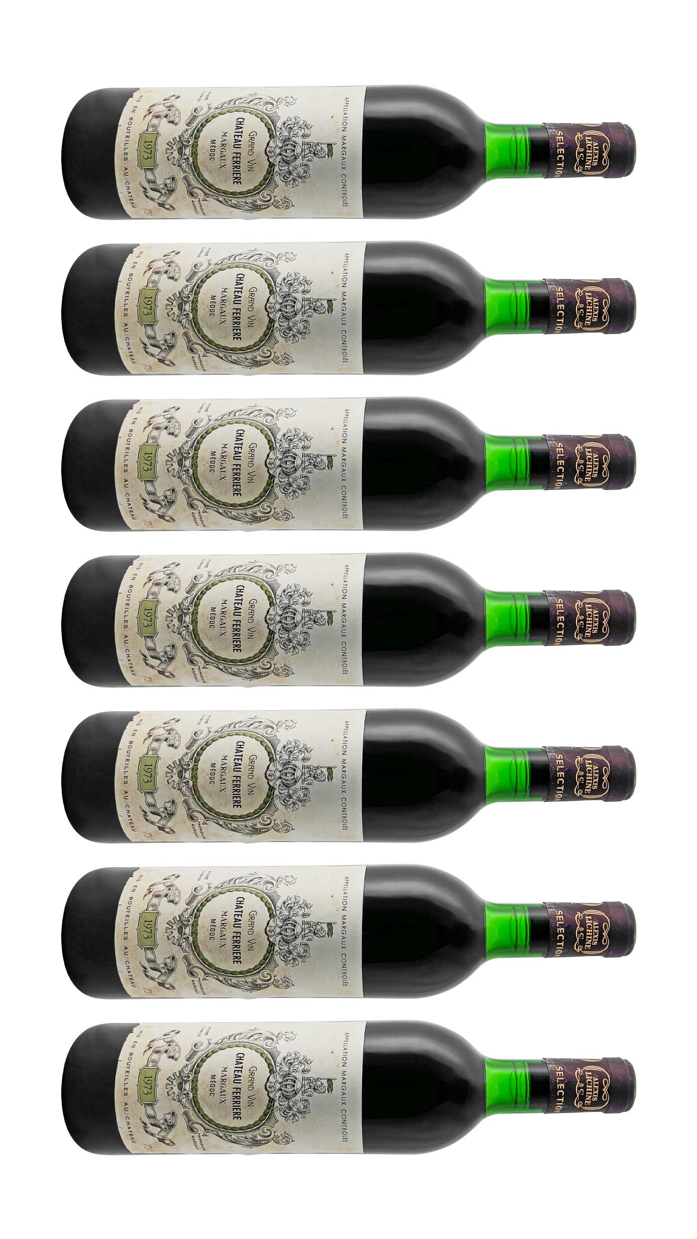 Sieben liegende Flaschen Château Ferrière Rotwein mit grünem Flaschenhals und detailliertem Etikett in Reihenfolge.