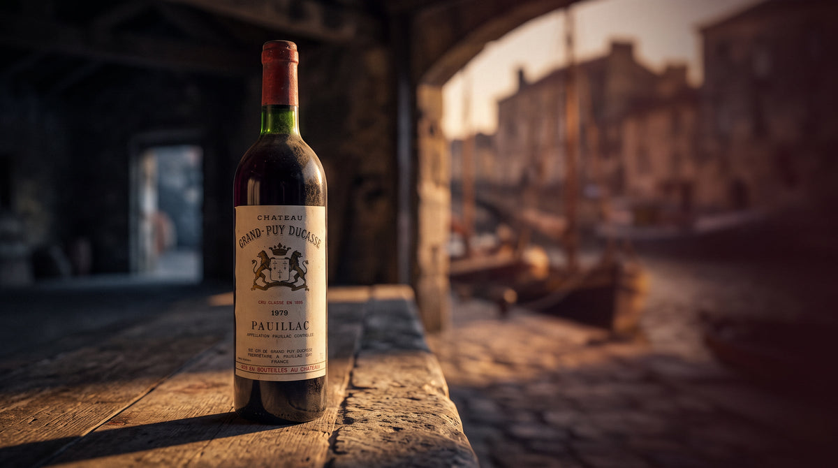 Flasche Château Grand-Puy Ducasse auf einem alten Holztisch, im Hintergrund der Hafen von Pauillac im Abendlicht