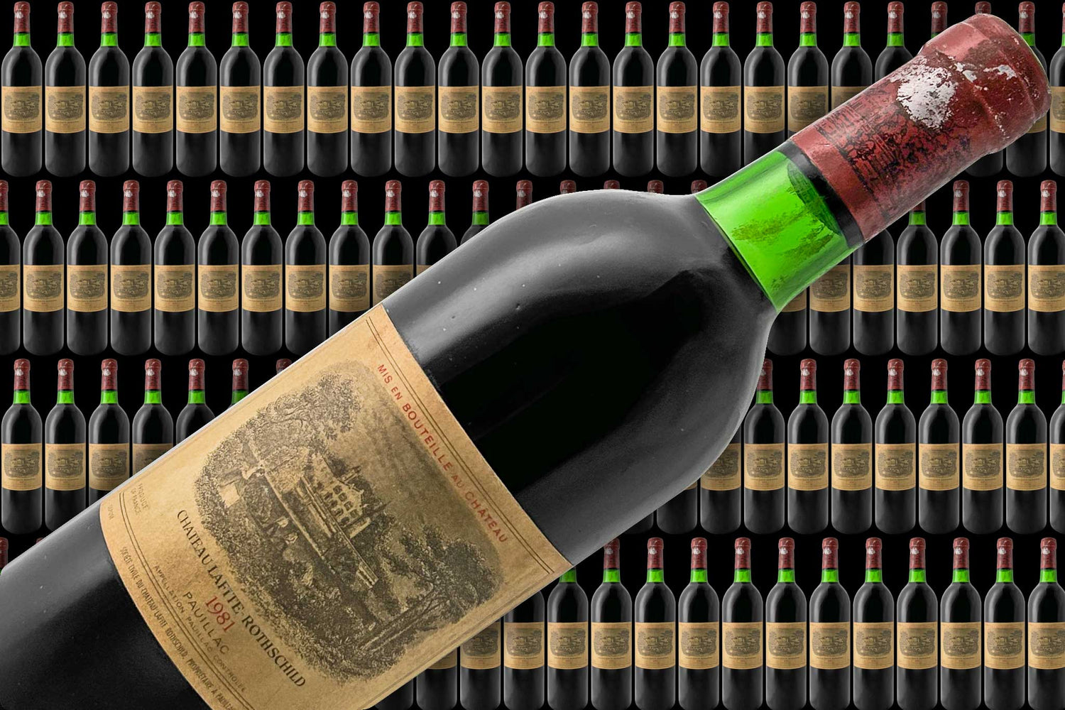 Der Banner zeigt viele Weinflaschen im Hintergrund und im Vordergrund eine Flasche Rotwein von dem Weingut Chateau Lafite Rothschild.