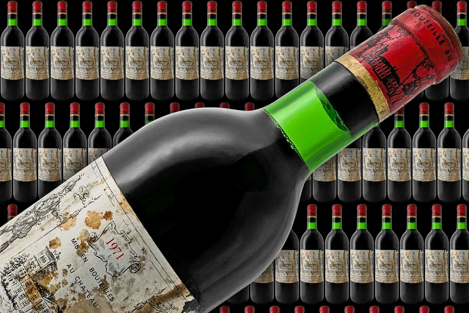 Der Banner zeigt viele Weinflaschen im Hintergrund und im Vordergrund eine Flasche Rotwein von dem Weingut Chateau Lagrange.