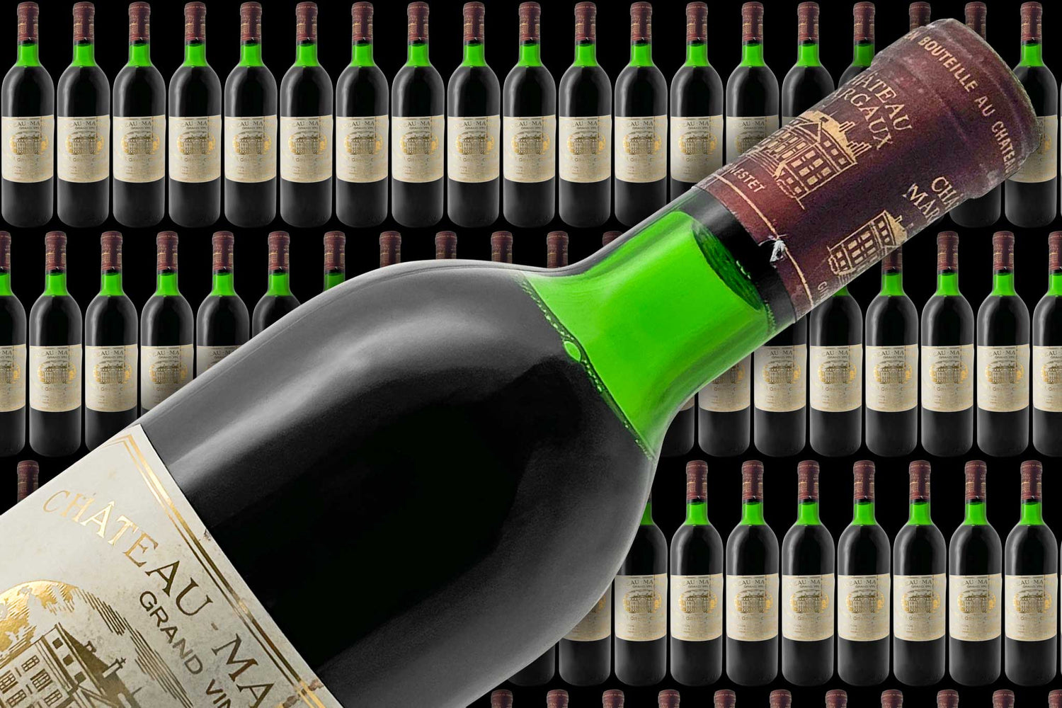 Der Banner zeigt viele Weinflaschen im Hintergrund und im Vordergrund eine Flasche Rotwein von dem Weingut Chateau Margaux.