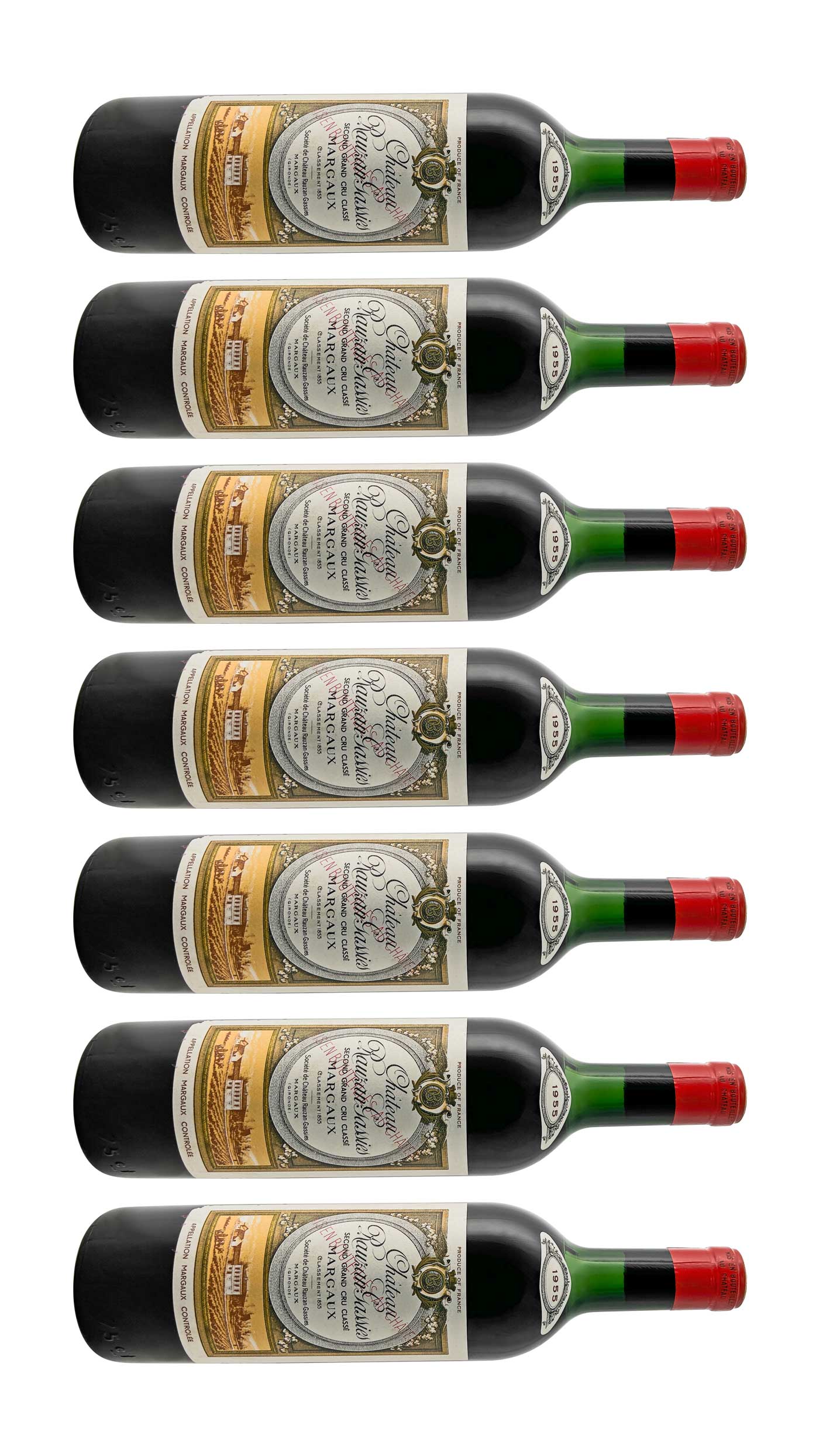 Sieben liegende Flaschen Chateau Rauzan Gassies 1955 mit roten Kapseln und detaillierten Etiketten.