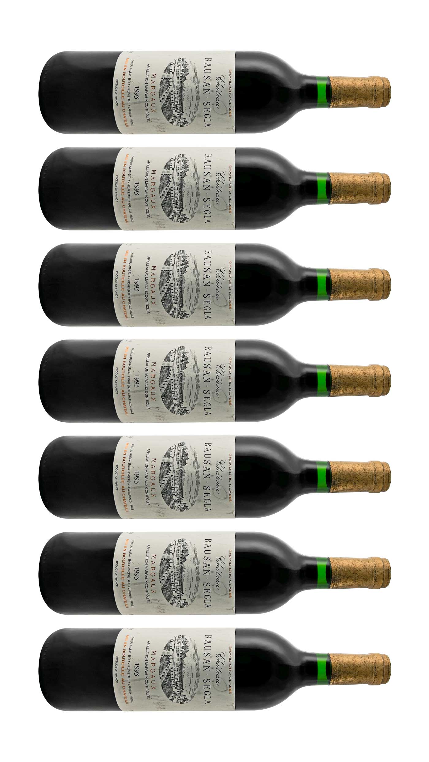 Mehrere Weinflaschen mit Rotwein von Chateau Rauzan Segla