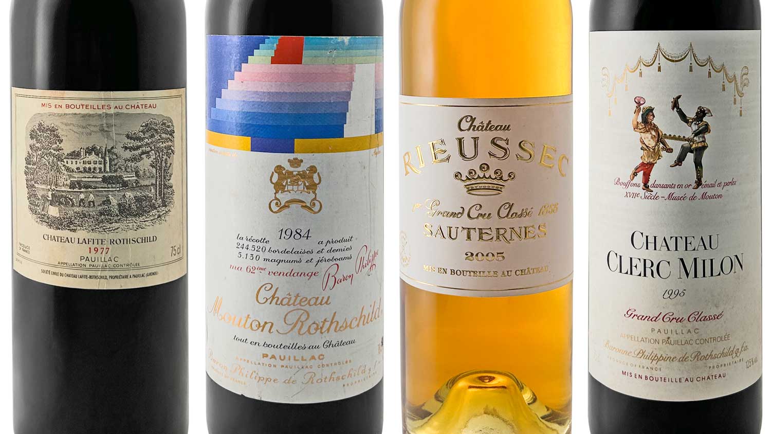 Mehrere Weine von Rothschild stehen neben einander vor weißem Hintergrund