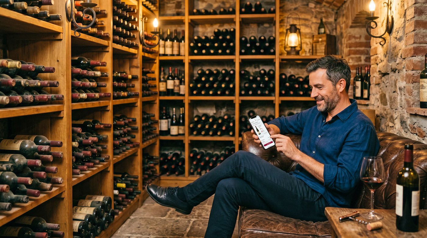 Ein Mann in Hemd und Hose sitzt auf einem Ledersofa im Weinkeller und hält ein Smartphone in der Hand um Bordeaux Wein kaufen und online zu bestellen. Er ist umgeben von vielen Weinflaschen im Weinregal.