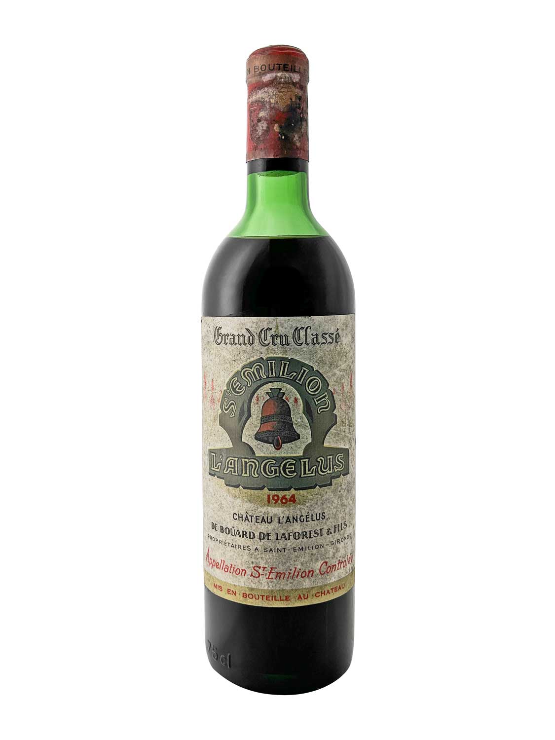 Flasche Château Angelus 1964 mit grünem Hals, rotem Kapselverschluss und Etikett mit Glockenmotiv und Texten zu Grand Cru Classé und Appellation St-Émilion Contrôlée.