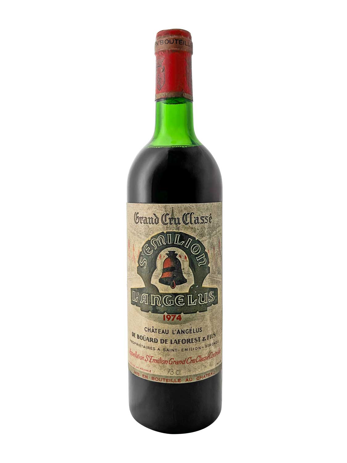 Flasche Château Angelus 1974 mit rotem Kapselverschluss und Etikett mit der Aufschrift 'Grand Cru Classé Saint-Émilion L'Angelus 1974'.