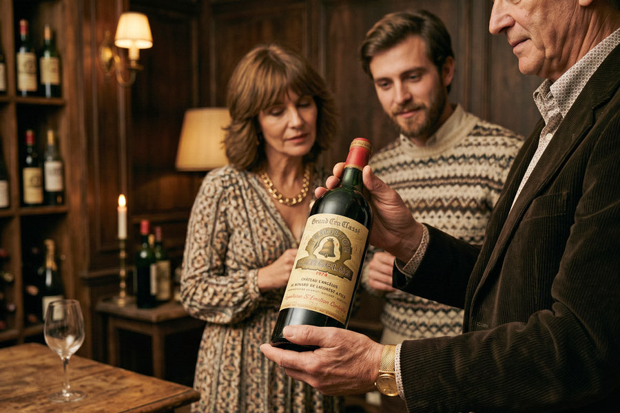 Person hält eine Flasche Chateau Angelus 1974 Wein vor zwei weiteren Personen in einem holzvertäfelten Raum mit Weinregal und Kerzenlicht