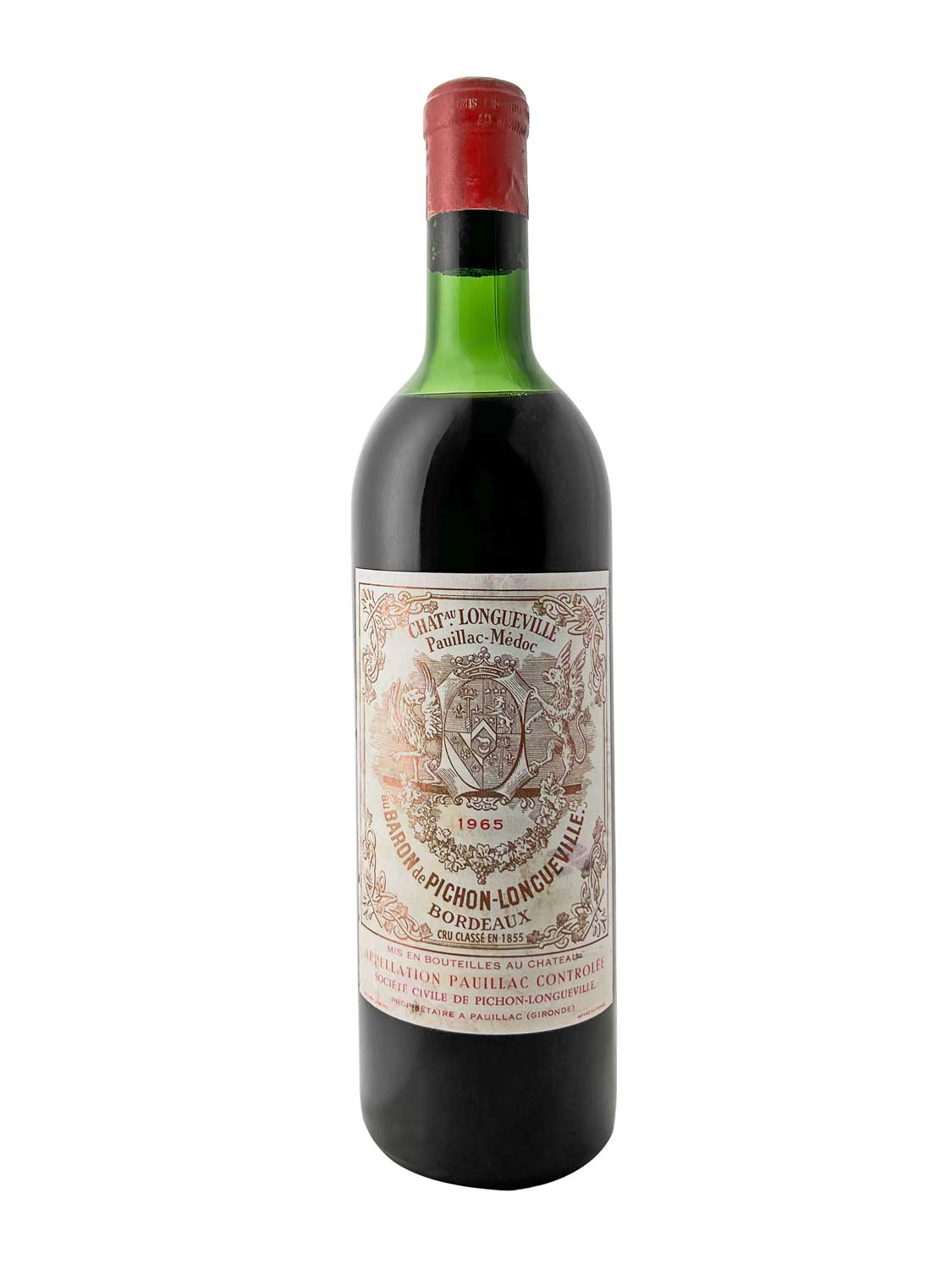 Flasche Château Baron Pichon Longueville 1965 mit rotem Siegel und detailliertem Etikett aus Bordeau