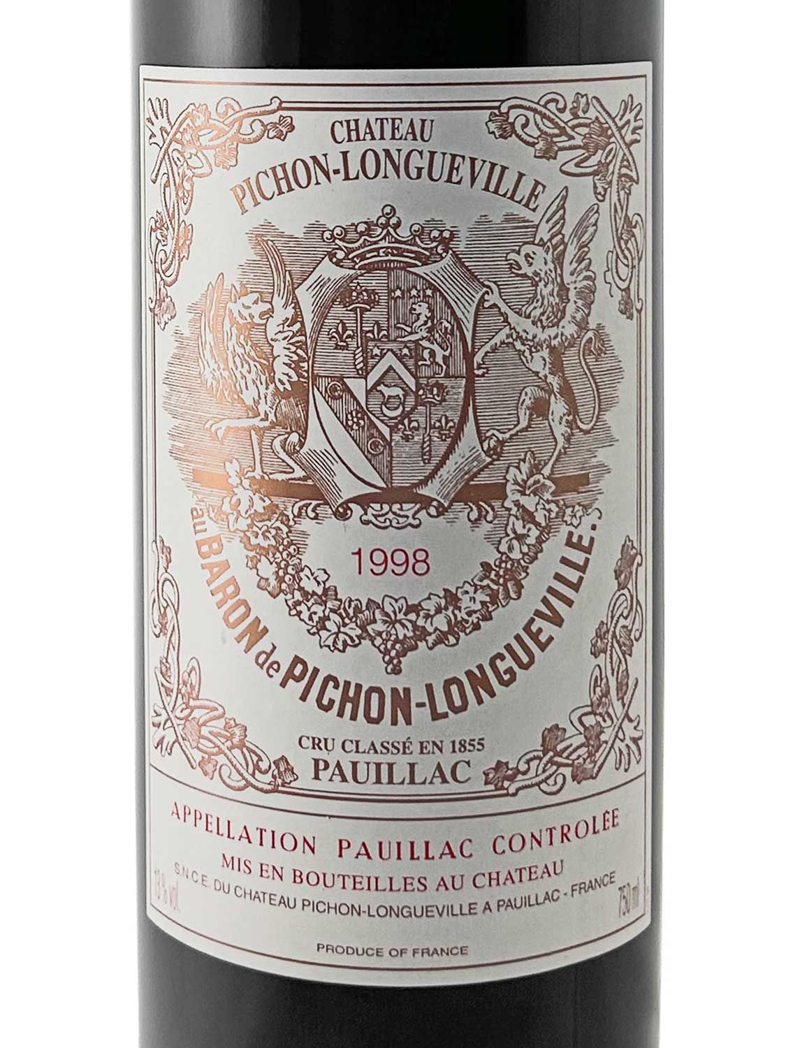 Weinetikett von Château Baron Pichon-Longueville 1998 mit Wappen, Text und Verzierungen in Braun- und Rottönen