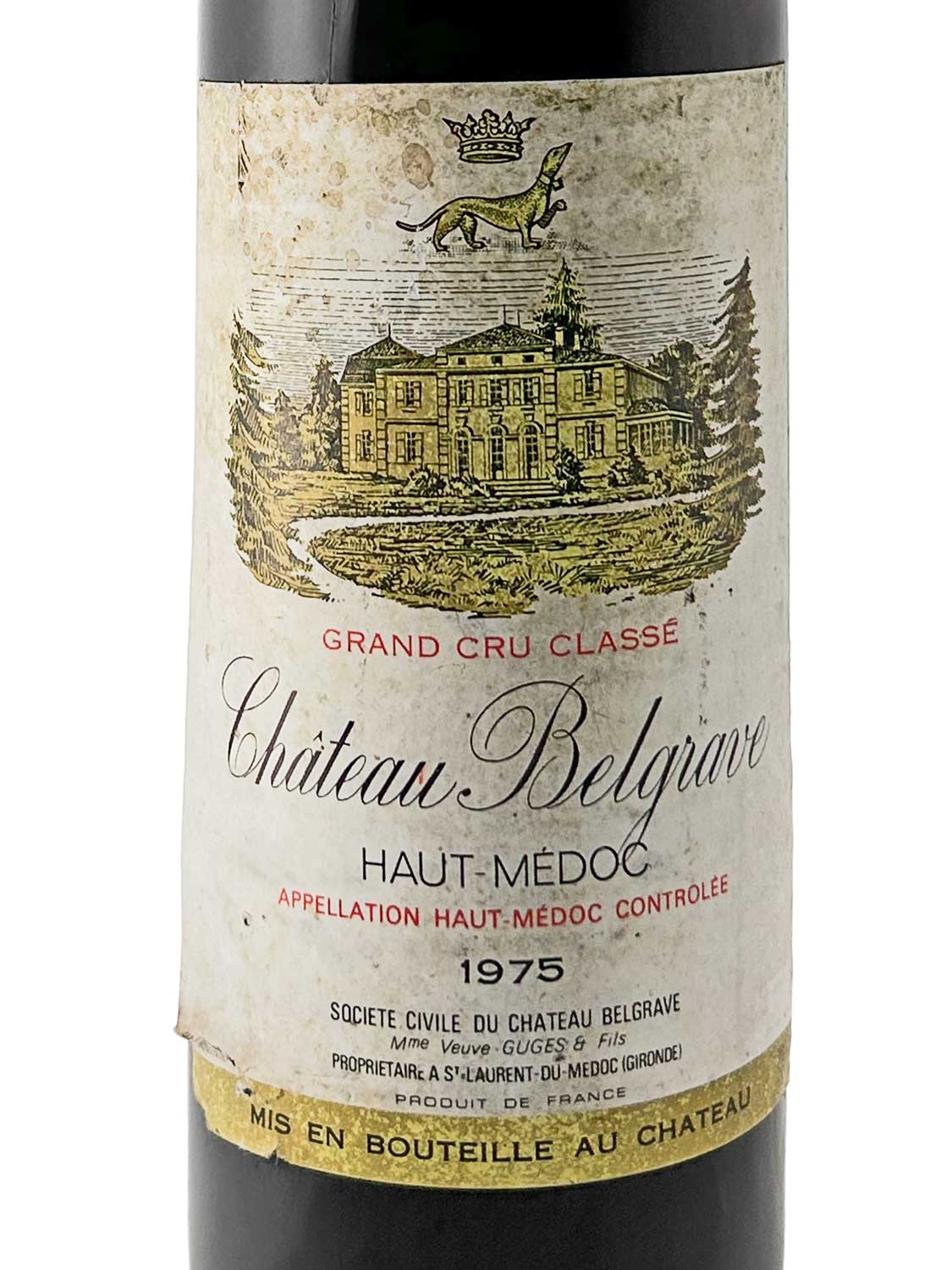 Weinflaschenetikett mit Illustration eines Herrenhauses, Text 'Château Belgrave', 'Grand Cru Classé', 'Haut-Médoc', Jahrgang 1975 und weiteren Angaben zur Herkunft und Abfüllung