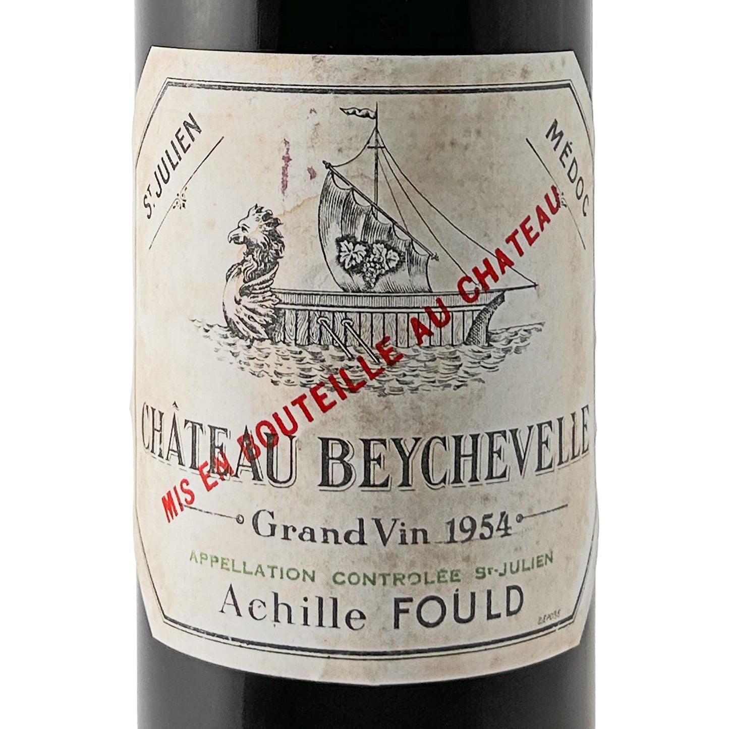 Château Beychevelle 1954 Etikett in Nahaufnahme mit Jahrgang 1954, Appellation Saint-Julien, altersbedingter Fleckenbildung