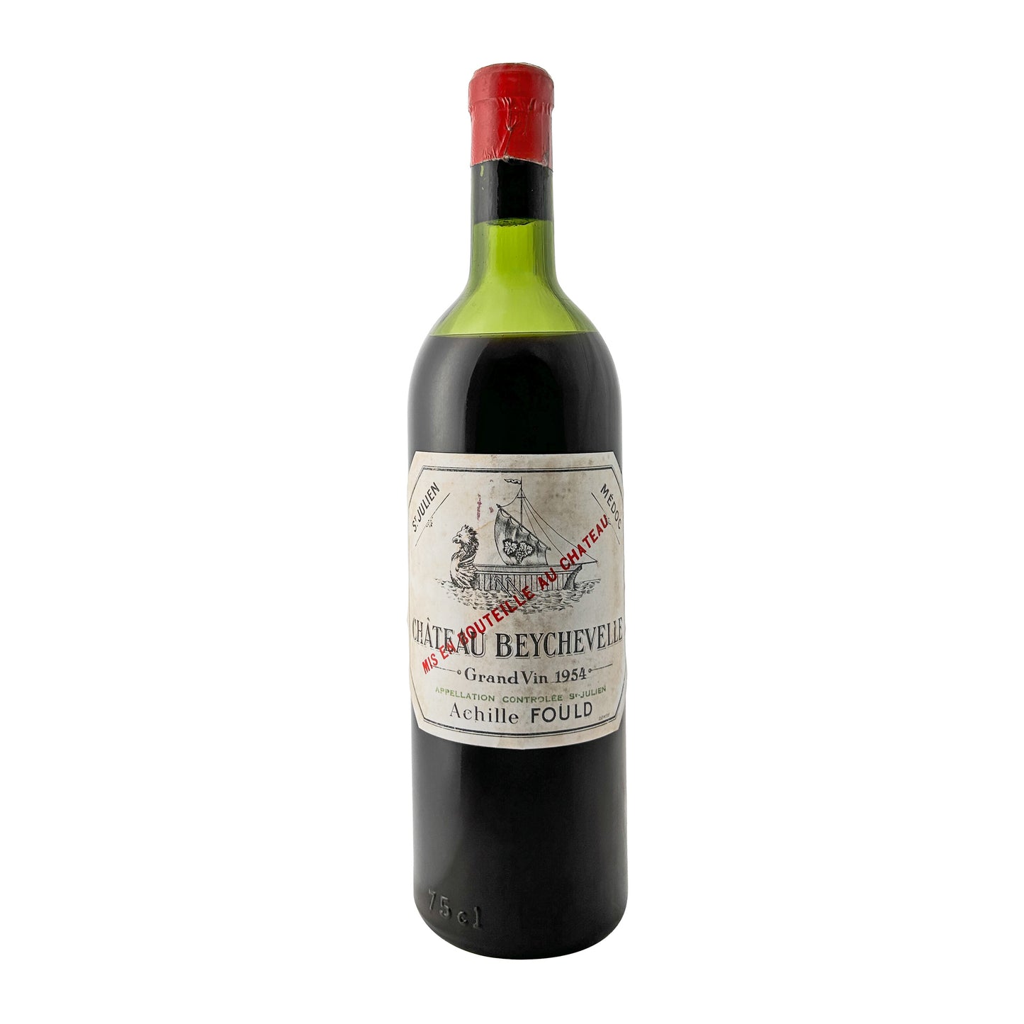 Château Beychevelle 1954, 4ème Grand Cru Classé Saint-Julien, Flasche freigestellt mit Etikett und Segelschiff-Motiv