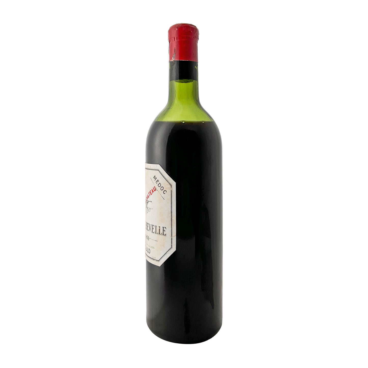 Château Beychevelle 1954 im Profil, Etikettenrand mit Médoc-Schriftzug und roter Wachskapsel