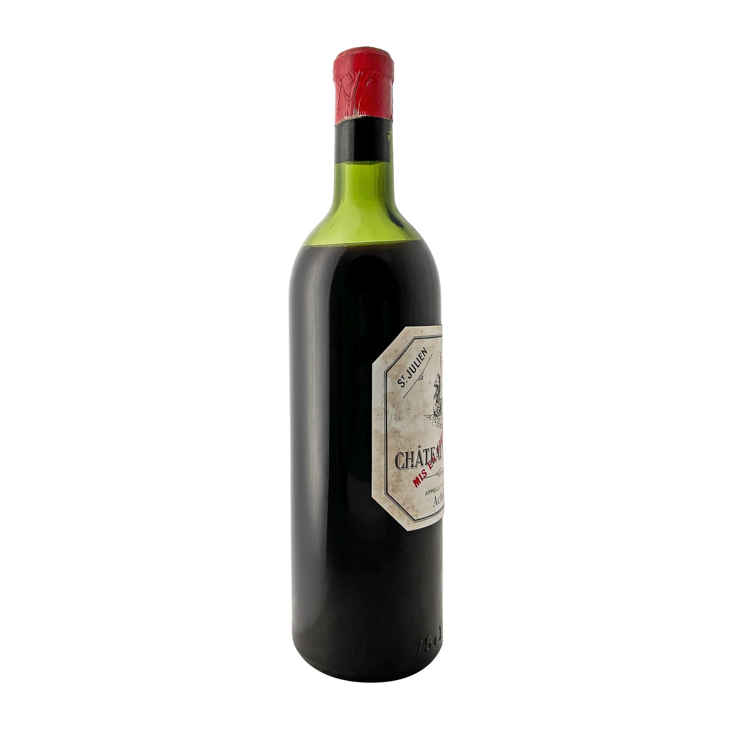 Château Beychevelle 1954, Seitenansicht mit Blick auf Kapsel, Etikett nur am Bildrand sichtbar