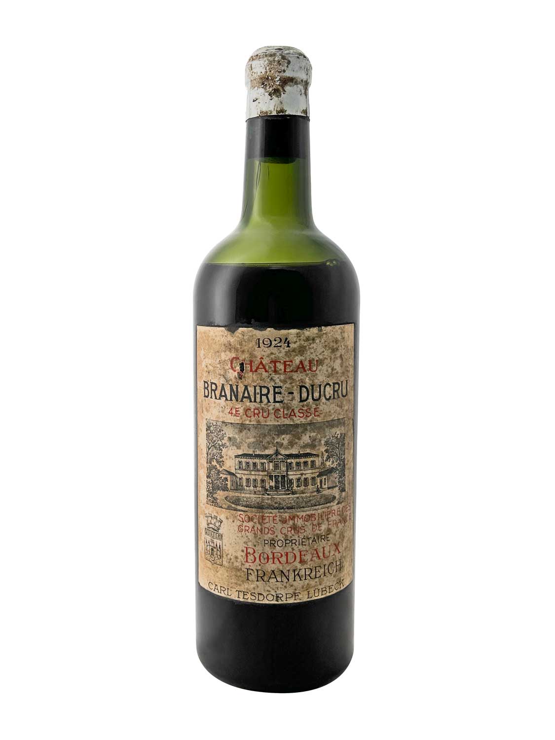Eine Weinflasche von Chateau Branaire Ducru 1924. Die Flasche hat ein grünes Glas und ein Etikett mit der Aufschrift 'CHATEAU BRANAIRE DUCRU 1924' und 'Bordeaux, Frankreich'.