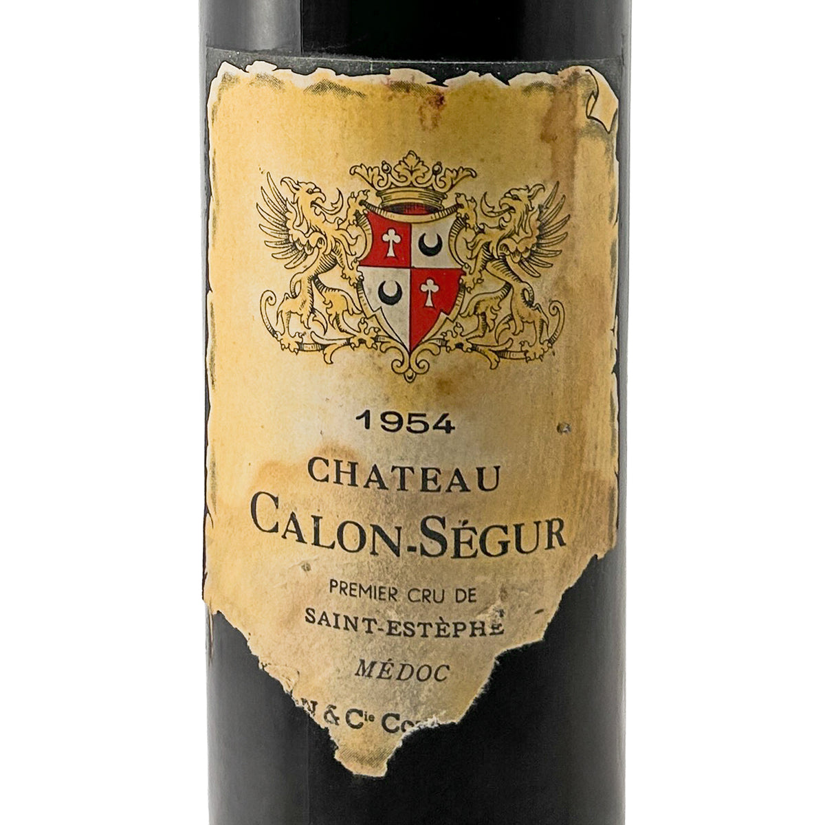 Château Calon-Ségur 1954 Etikett in Nahaufnahme mit Herz-Wappen, Appellation Saint-Estèphe und Einriss am unteren Etikettrand