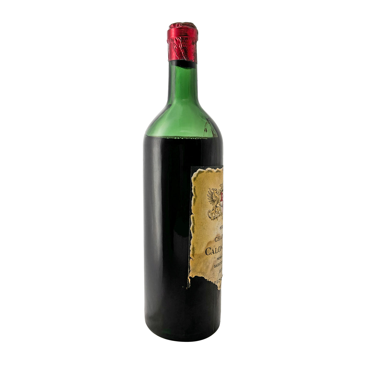 Château Calon-Ségur 1954, Seitenansicht der Flasche mit Blick auf Kapsel und Flaschenhals