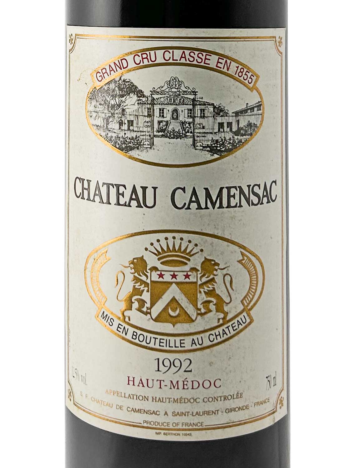 Weinetikett von Château Camensac 1992 mit Wappen, Text "Grand Cru Classé en 1855", "Haut-Médoc" und weiteren Angaben