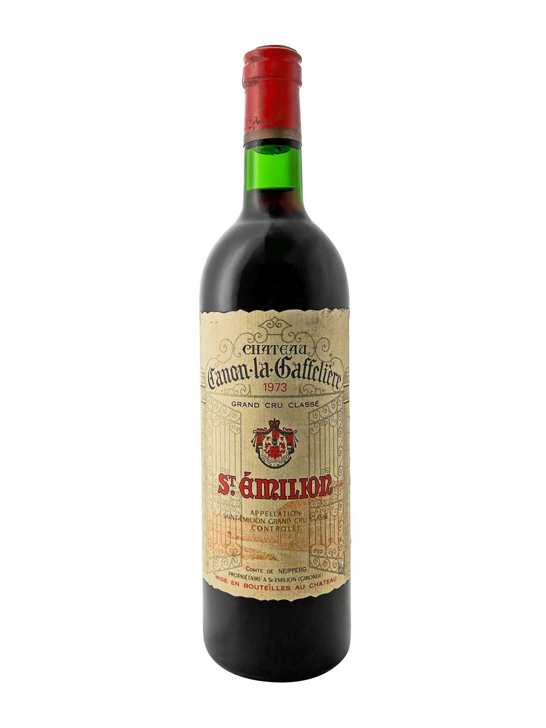 Flasche Rotwein Château Canon la Gaffelière 1973 mit rotem Siegel und cremefarbenem Etikett mit rotem und schwarzem Text.